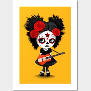 Sugar Skull Girl Playing Austrian Flag Guitar Posters and Art